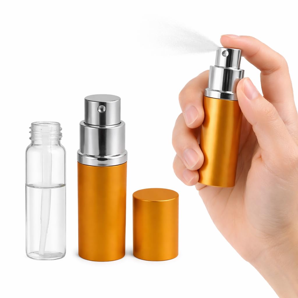 Refillable Perfume Spray Bottle Aluminum Atomizer Travel Size 10 Ml Leak Proof Pocket Container For Fragrance Cologne Cosmetic Use, Portable Design (Gold)