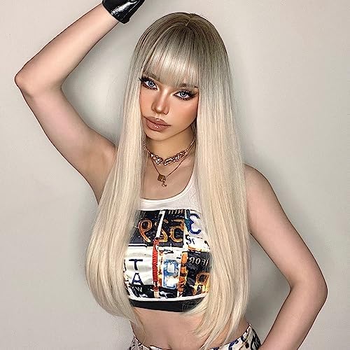 ECIF Long Straight Wig, Synthetic Wigs For Women Natural White Gold Wigs With Bangs Heat Resistant Wigs Daily Party