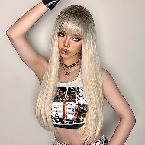 ECIF Long Straight Wig, Synthetic Wigs For Women Natural White Gold Wigs With Bangs Heat Resistant Wigs Daily Party