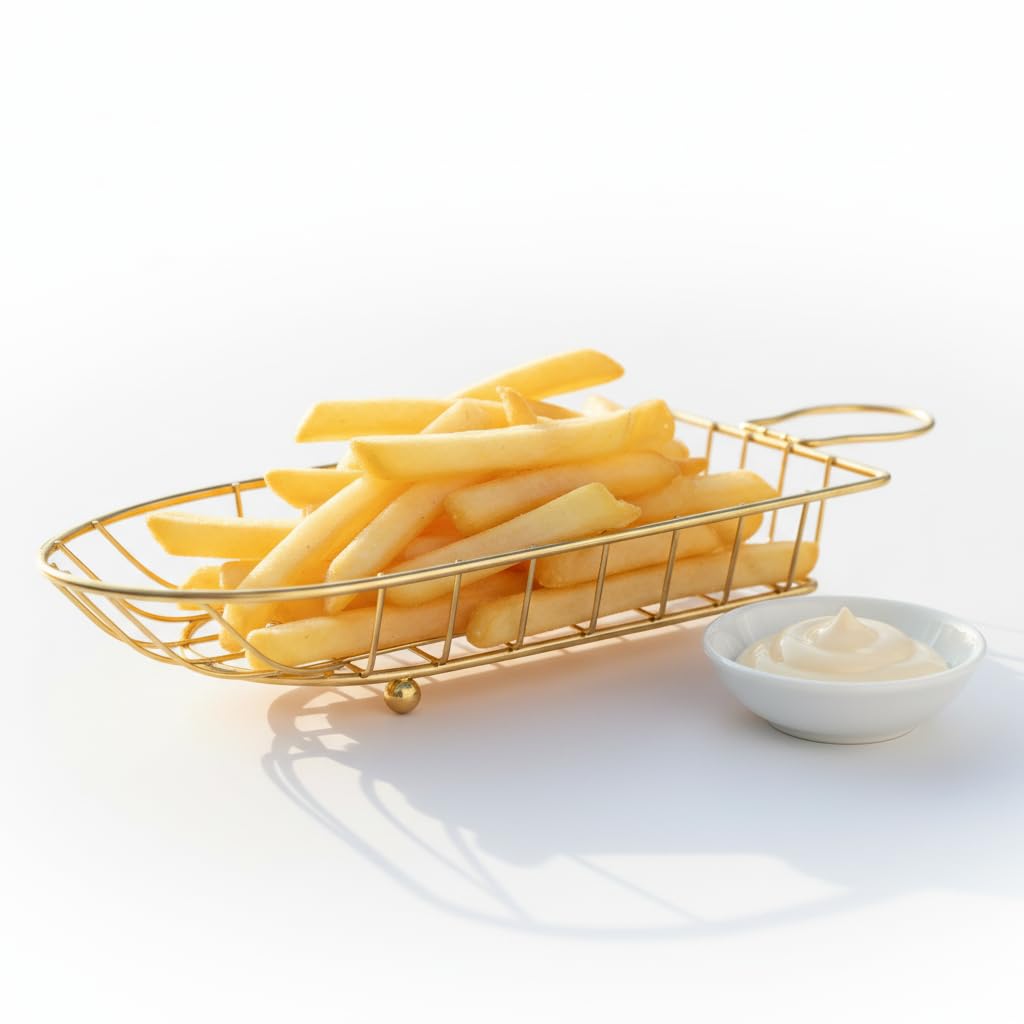 Premium Gold Metal Mesh Serving Basket (Mini) with Handle - Versatile Stainless Steel Organizer and Decor for Serving French Fries Portions and Hot Appetizers on Table and Restaurants