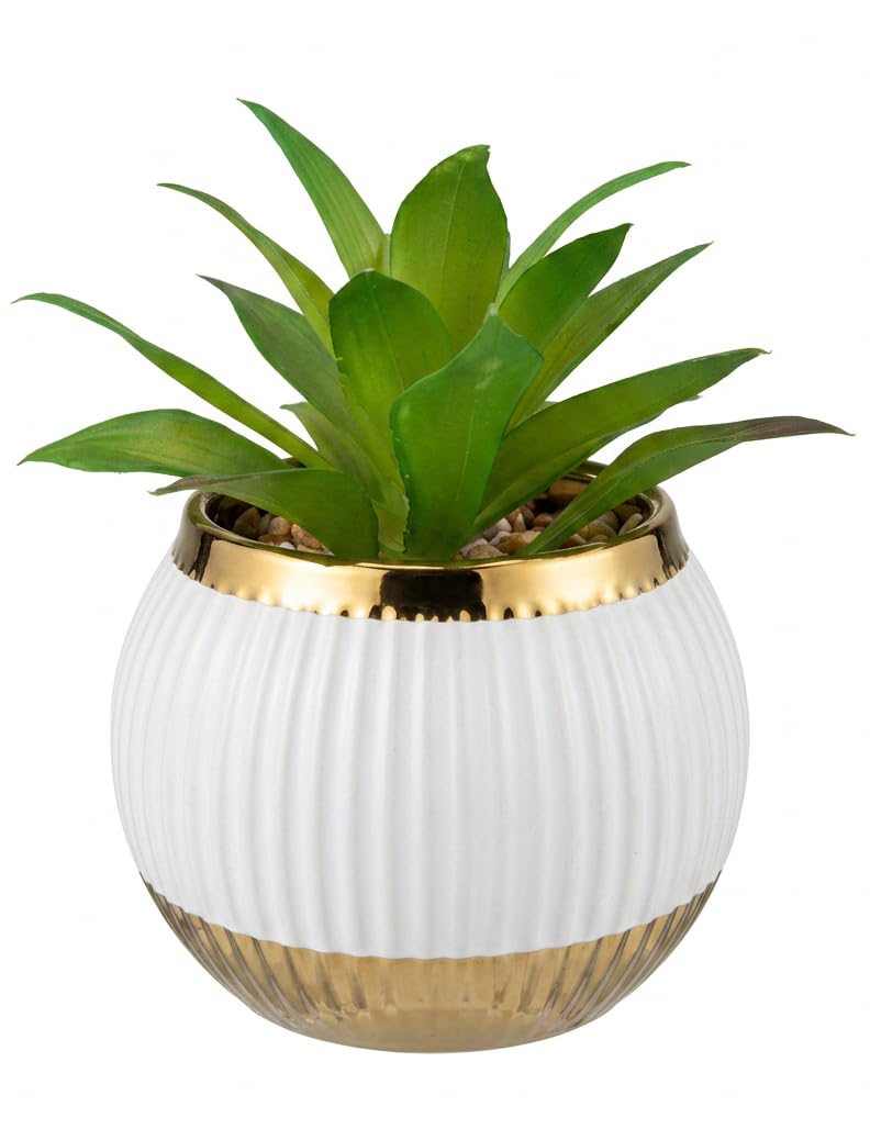 Realistic Artificial Plant in White and Gold Porcelain Pot Polygon Globe Modern Home Decor for Desk, Shelf, Coffee Table, Indoor Artificial Plant Luxury Natural Looking