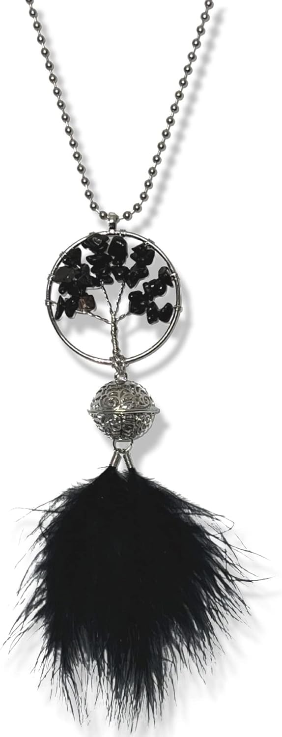 Makeover Dream Catcher style, Tree of Life Necklace with Black Feather and Metal Silver Ball Pendant-Accessory for Cars rear view mirrors- Black