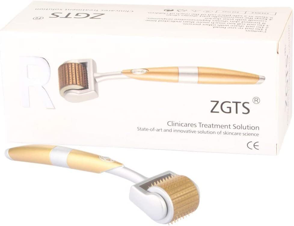 Derma Roller Professional ZGT 1.5 mm Micro Needles Titanium Alloy Derma Rolle. Ergonomic Handle with Anti-Slippery Design. Gold, White in Color.