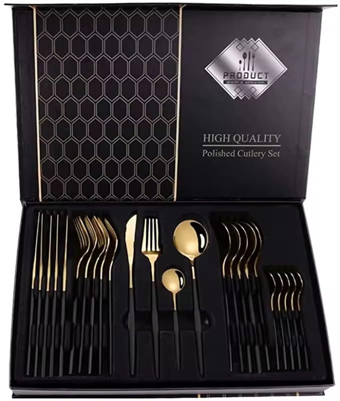 Downtown 24-Piece Black and Gold Cutlery Set, Stainless Steel Flatware, 6 Person Service with Knives, Forks and Spoons