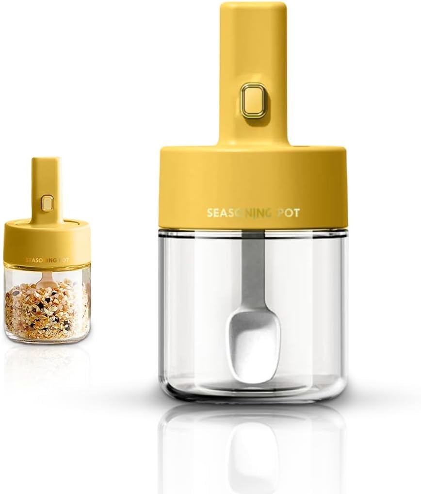 Spice Jar Glass 275 Ml With Airtight Lid And Spoon, Seasoning Container For Kitchen Storage, Condiment Jar (Yellow)