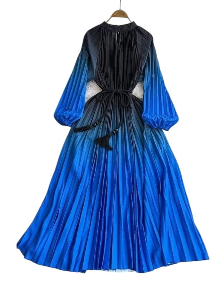 Blue & Black Ombre Pleisse Maxi Dress Free Size Puff Sleeves and Tassel Belt