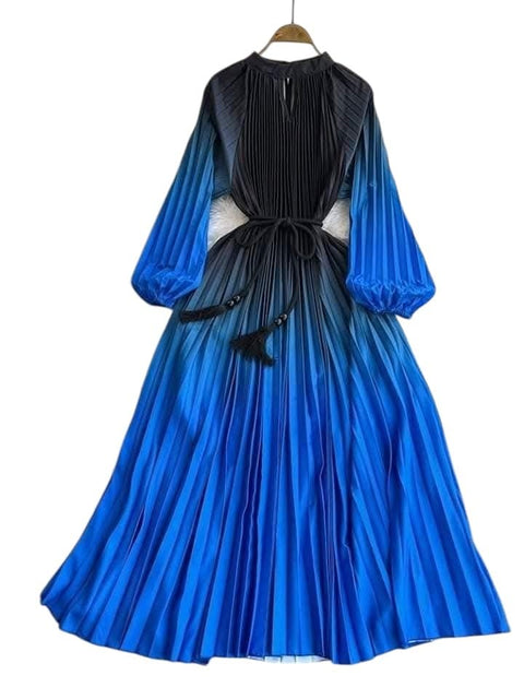 Blue & Black Ombre Pleisse Maxi Dress Free Size Puff Sleeves and Tassel Belt