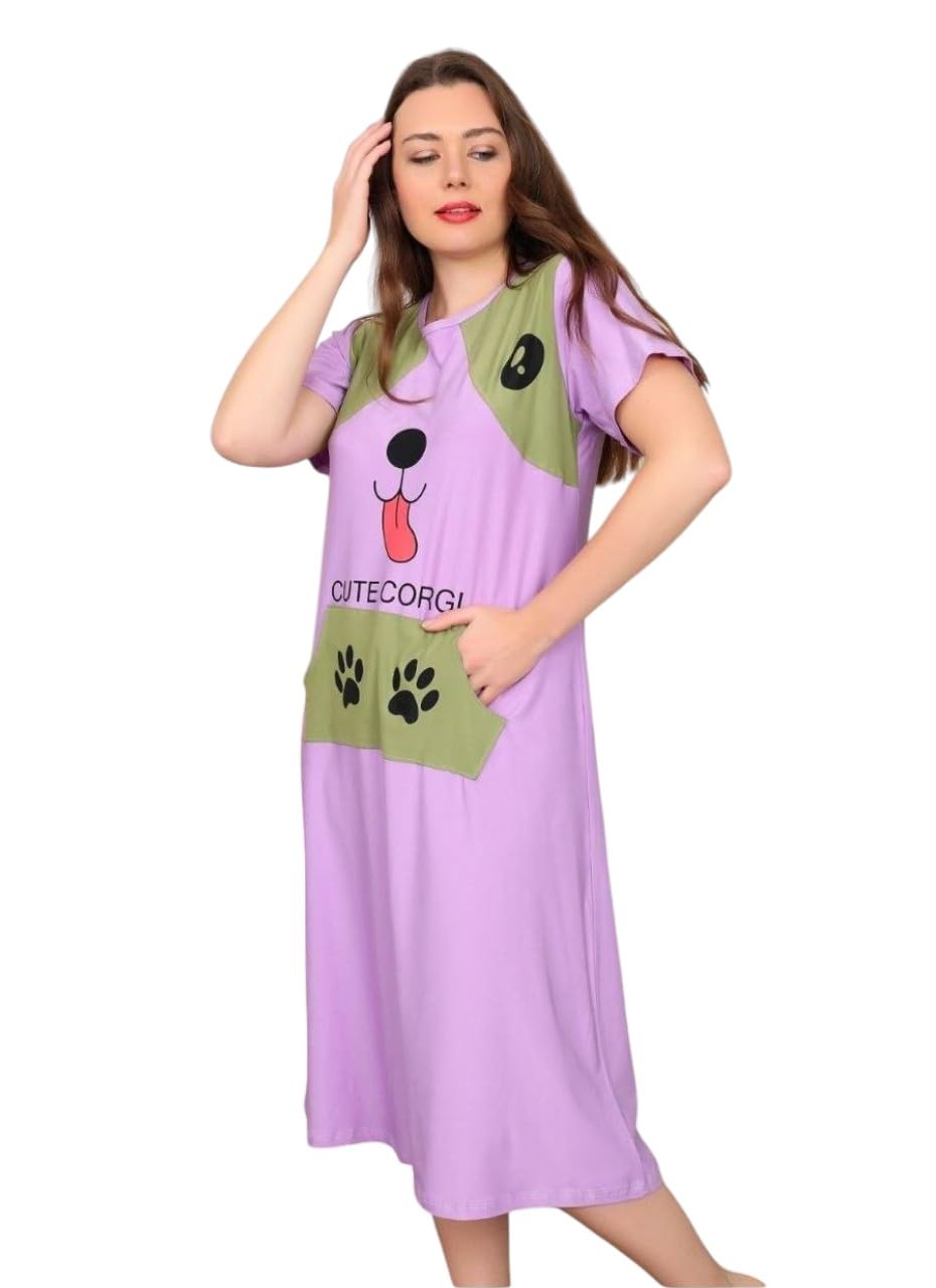 Jalabiya Women Summer Midi Half Sleeve Cartoon Print Cotton Nightgown Comfortable Home/Code 1182