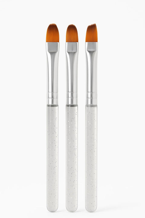 Hard Gel Nail Brush Set – 3 Pcs Professional Acrylic & UV Gel Brushes for Nail Extension and Builder – Flat & Angled Brushes for Perfect Application & Shaping – Clear Glitter Handle