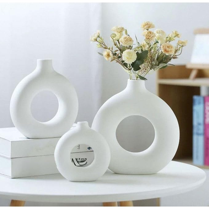 Modern Elegant Donut Vase Set of 3 – Stylish Minimalist Vases for Elegant Flower Arrangements, Perfect for Living Room & Home Décor (Clear White)