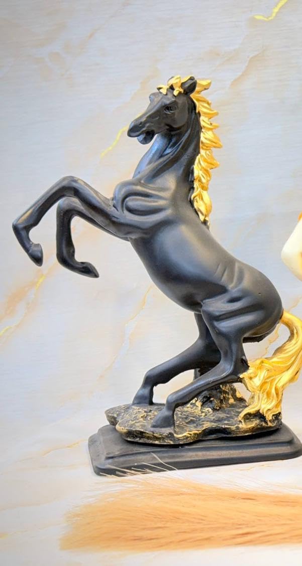 Ankh-Home-Supplies Decorative Horse Figurine with Gold Mane, Rearing Stallion Statue, Classic Home Decor (Black)