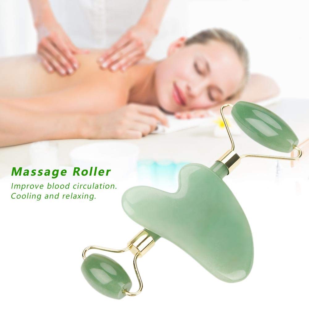HEEPDD Jade Roller, Natural Double Head Green Aventurine Jade Stone Roller and Scrapping Plate for Slimming Firming Remove Wrinkles