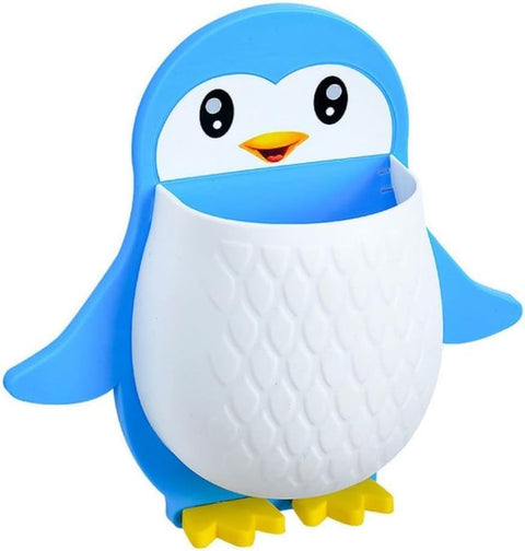 Penguin-shaped wall storage organizer, blue and black, plastic, 19.5 x 20 cm, toothbrush and makeup brush holder