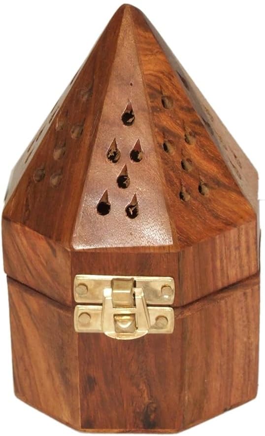 Handmade wooden incense burner, natural wood with engraved oriental design, perfect for home décor.