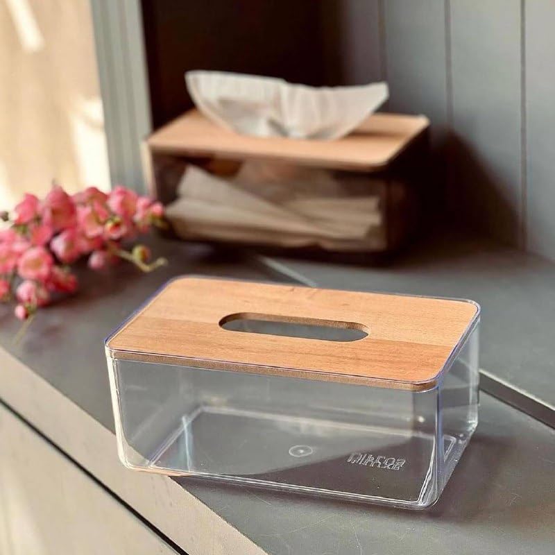 Dollar for Improt Durable Shatterproof Acrylic Tissue Box with Stylish Wooden Lid - Provides Perfect Tissue Protection, Modern Design Fits Any Decor, Perfect for Everyday Home Office Use