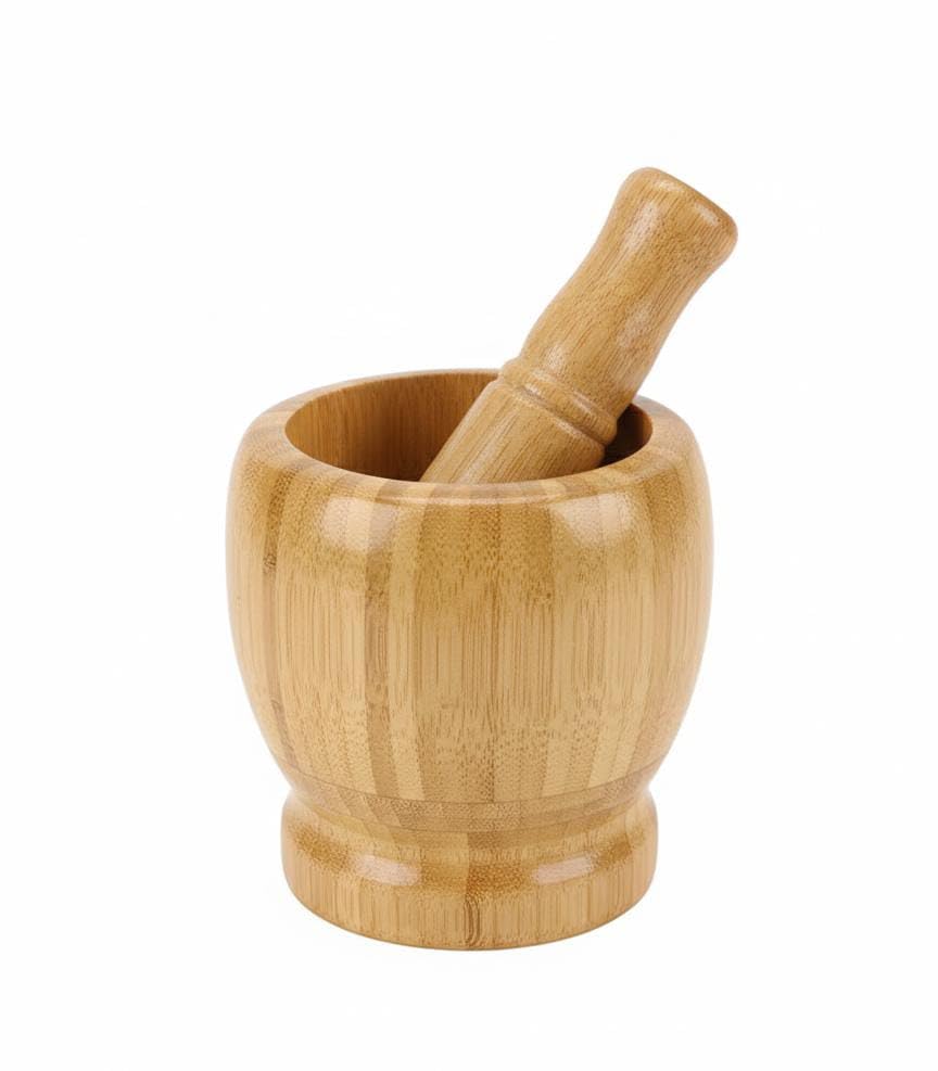 Spaceshoop Premium Quality Bamboo Mortar and Pestle Set Natural Eco Friendly Herb Spice and Garlic Crusher 1 Piece Wooden