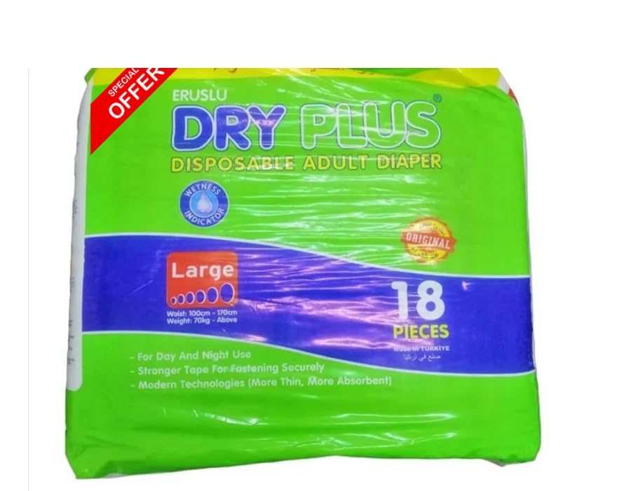 Erlu Dry Plus Adult Diapers, Large Size, 18 Pieces, Wetness Indicator, 100-170cm Waist