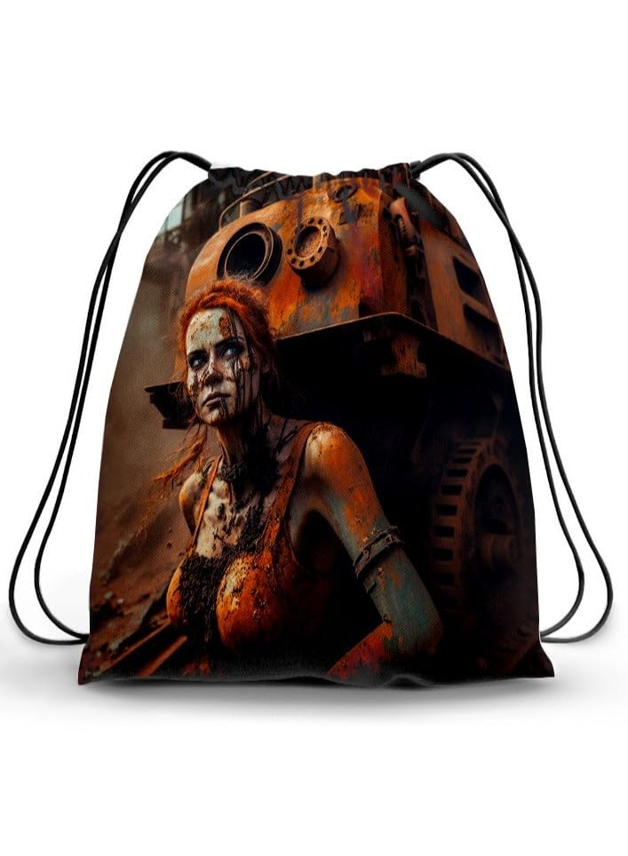 Drawstring Backpack with Rustic Industrial Design Print, Plastic Material, 50 Grams, 5 Items