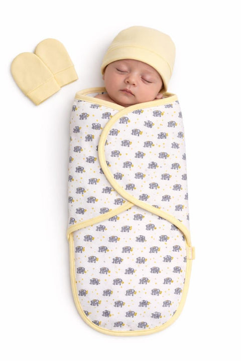 Baby Swaddle Wrap with Cap and Mittens Set, Elephant Print, Yellow Trim, Newborn Essentials