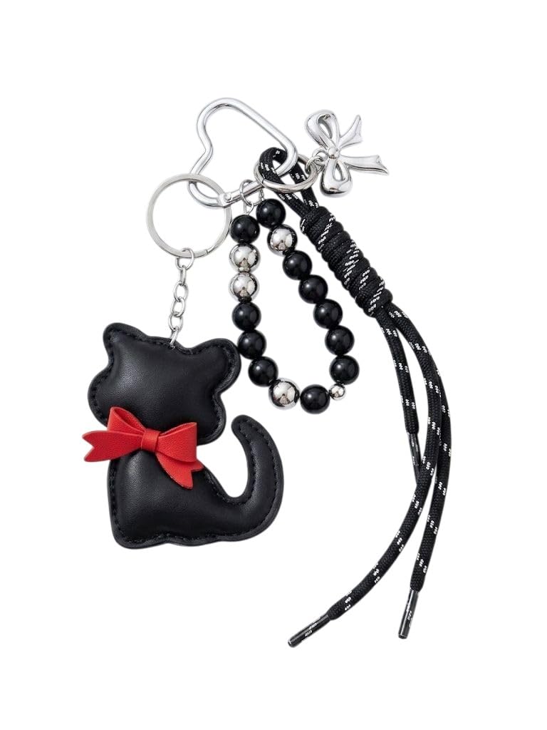 Cat Shaped Keychain, Black Leather with Red Bow, Beads and Tassel, Fashion Bag Accessory