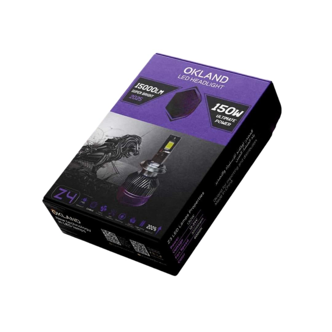 OKLAND Z4 LED Headlight Bulbs,150W,15000 LM,6000K, Super Bright White, Compact Size, Pack of 2 suitable for all cars. (H7)