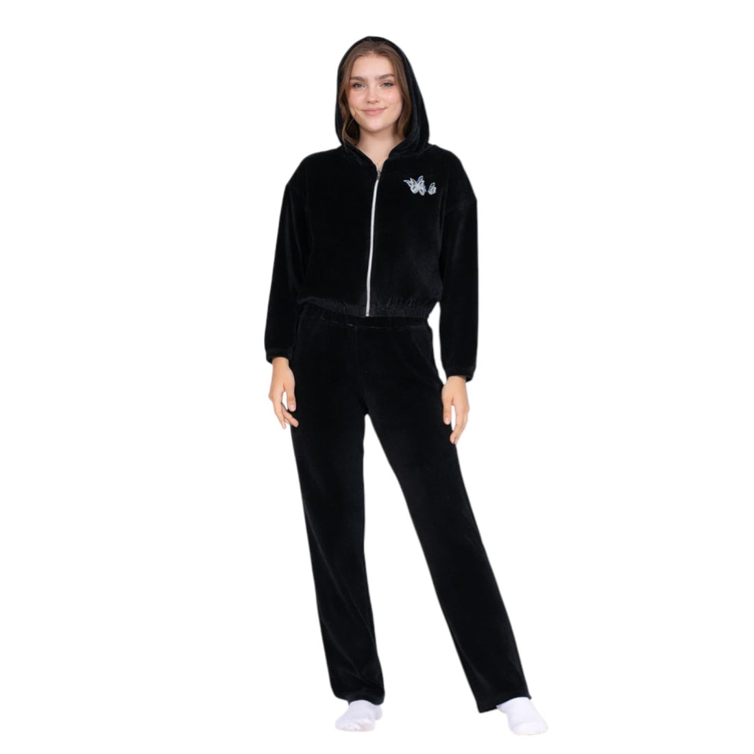 Zecotex Winter Dark Blue Velvet Cotton Pajamas for Women - Zipper Jacket + Head Cover - Side Embroidery - Velvet Cotton Pajama Set - Comfortable Home Wear for Women