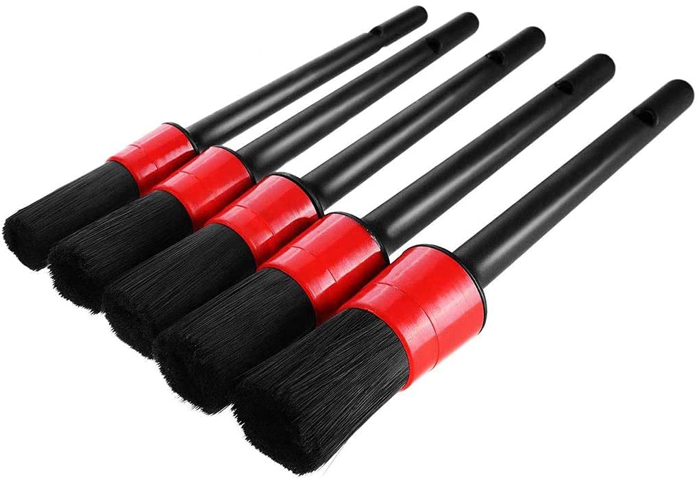 SHOWAY Auto Detailing Brush, 5 Pieces Car Cleaner Brush Set Leather Cleaner Wheels Dashboard Interior Exterior Leather Air Vents Emblems Assorted Brushes Cleaner, Black