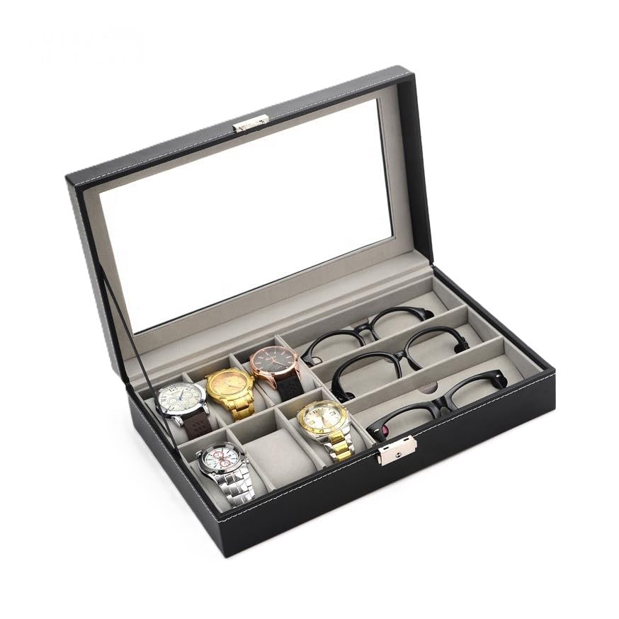 Next Store Luxury 6 Slots Watch and Glasses Storage Box, Stylish Display Organizer for Men Made with High Quality Materials for Perfect Protection and Organization (Black)