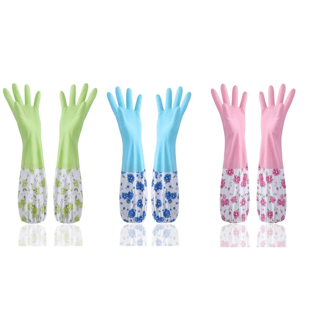 Reusable Rubber Latex PVC Flock lined Long Sleeves elbow length Hand Gloves for Kitchen Dish-Washing, Cleaning, Gardening, Laundry and Sanitation and Lab Work (Green + Blue + Pink)