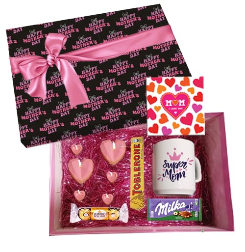 Happy Mother's Day Gift Box with Super Mom Mug, Toblerone, Milka, Ferrero Rocher, Heart Candles and Greeting Card