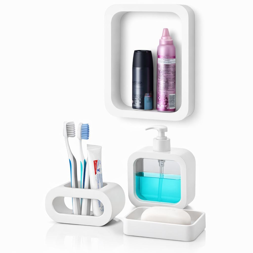 4 Piece Modern Bathroom Accessories Set, Includes Wall Holder, Liquid Soap Dispenser, Toothbrush Holder, Soap Dish (White)