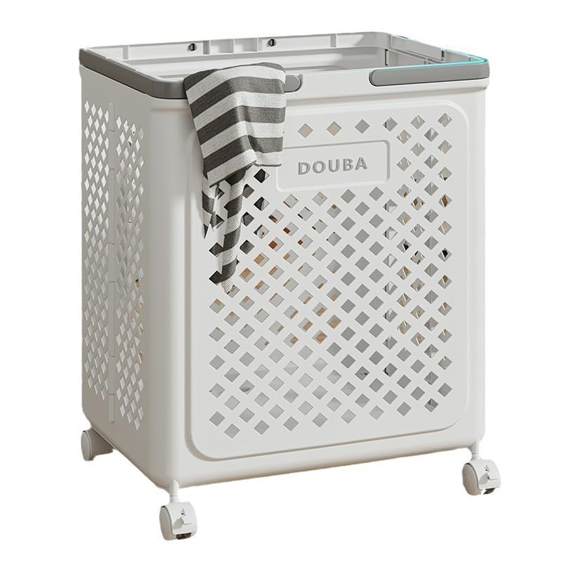 ALMEKAQUZ 50L Foldable Storage Basket, Small Plastic Laundry Basket with Wheels and Handles, Space-Saving Rolling Baskets