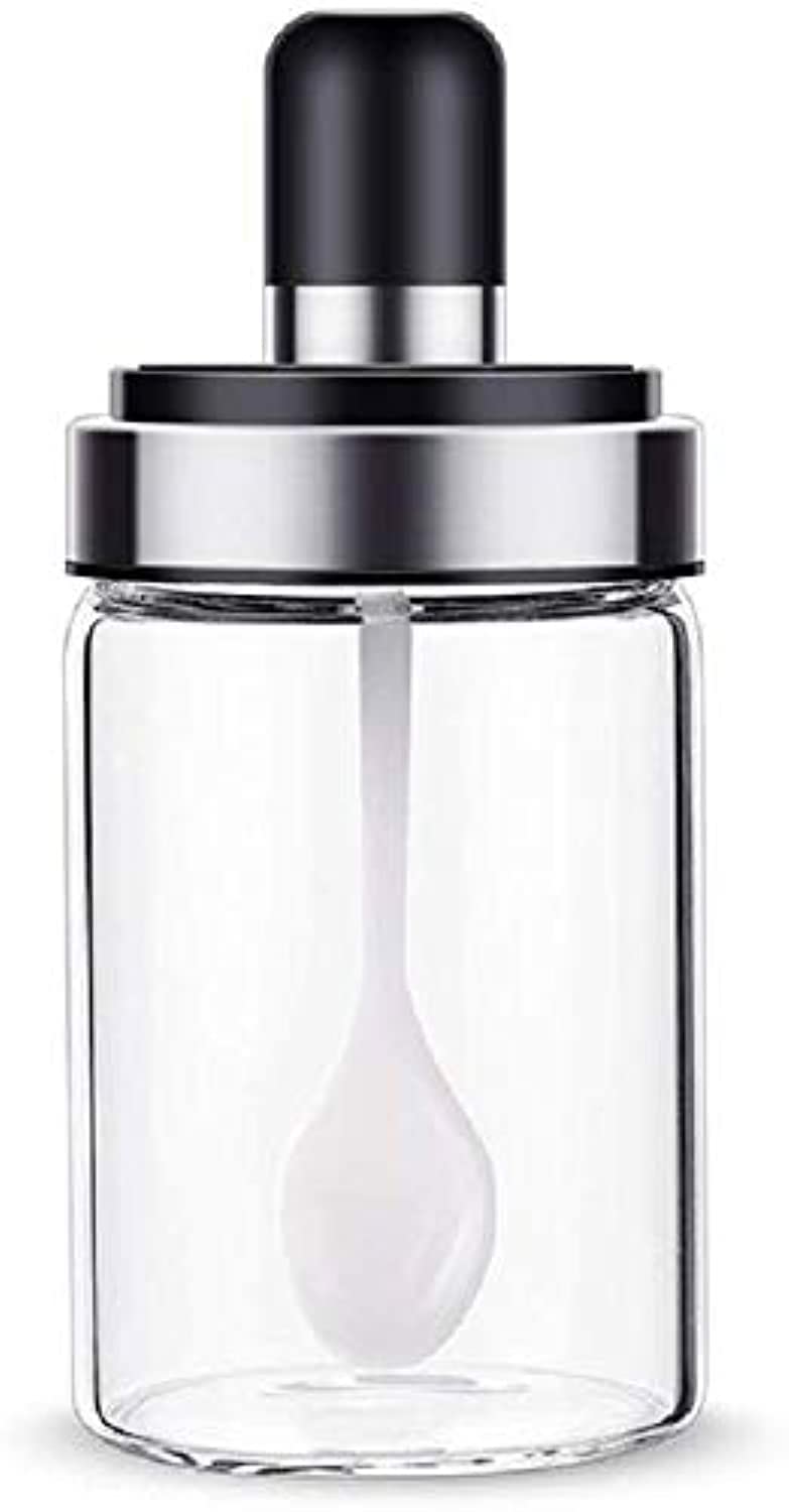 Kitchen High Borosilicate Glass Spice Jar Seasoning Box Jar Condiment Jar, Combination Spoon and Lid Design, 8.45 oz