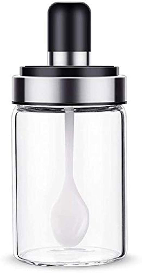 Kitchen High Borosilicate Glass Spice Jar Seasoning Box Jar Condiment Jar, Combination Spoon and Lid Design, 8.45 oz