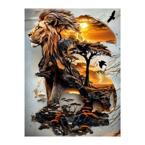 4D Lion Prestige Tableau - Surrealist Merging African Nature with Jungle King - 30x40 cm - 12mm Photo Block Wood - Holographic Digital Print Ultra HD - Strong Wall Decor for Home & Office