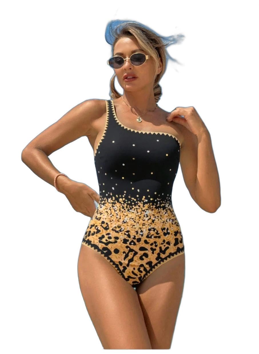 Swim Women's Summer Vacation Casual Beach Outfit, Black & Gold Leopard Print Pattern Ruffle One-Piece Bikini Set Multicolour - size