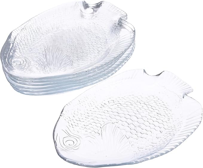 Volora Fish Shaped Glass Serving Plates, Clear Crystal, 24cm, Decorated, Set of 6