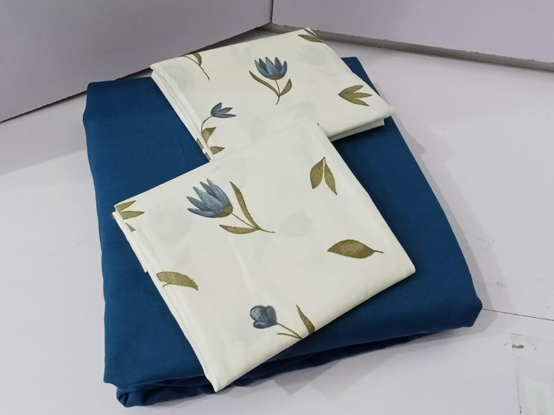 King Size Bed Sheet Set, 4 Pcs, White and Blue Floral Pattern, Fitted Sheet 180cm with Pillows