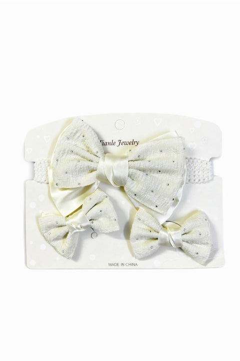 Kids Bow Set 3 Pieces (Headband + 2 Clips) – Stylish and Soft Design, Comfortable Hair Accessories with Good Stability, Suitable for Daily Use and Occasions (White & Green)