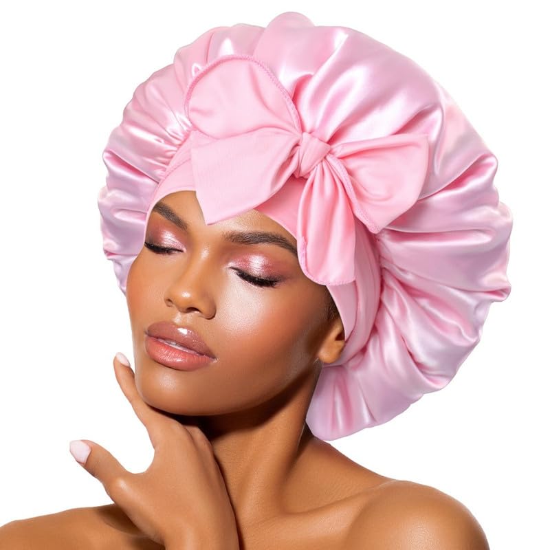BONNET QUEEN Satin Hat for Sleeping, Satin Cap for Hair Charlotte Locks Curly Adjustable with Long Elastic for Women and Men, Pink