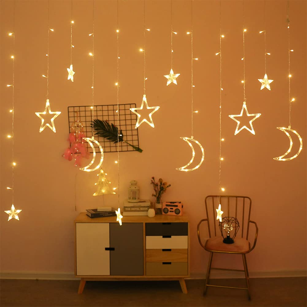 Star and Moon String Lights [138LEDs, 3.5M] Battery Operated Fairy Rope Lighting Kings Decorative Curtain with Bulbs Waterproof for Indoor Outdoor Garden Patio Room Ramadan