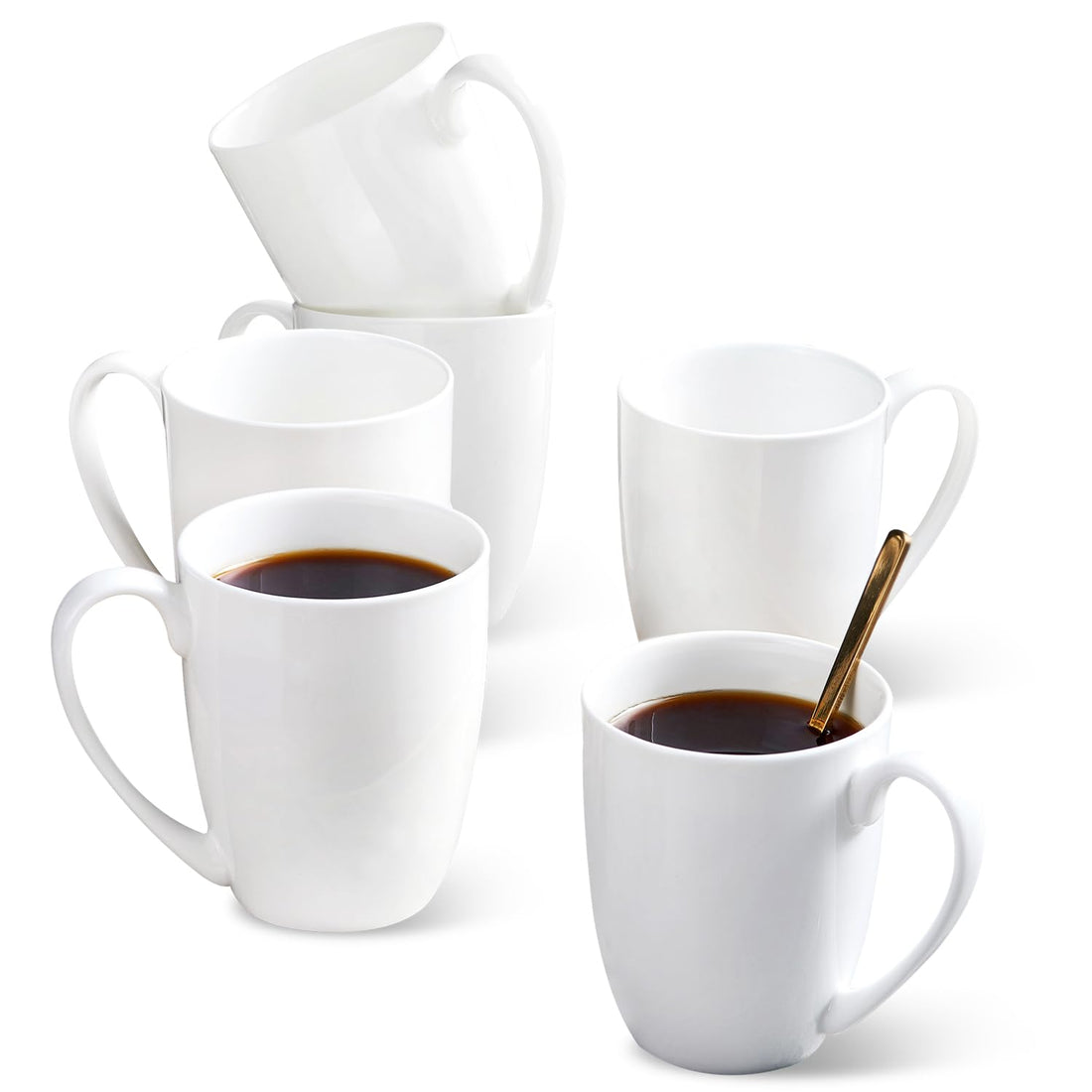 Chulan White Fine Bone China Coffee Mugs 12 oz, Over 45% Bone Content Lightweight Porcelain Cup for Espresso Latte Mocha Cappuccino, Luxury Ceramic Tea Cups, Set of 6 Easy to Clean Moonlight Series