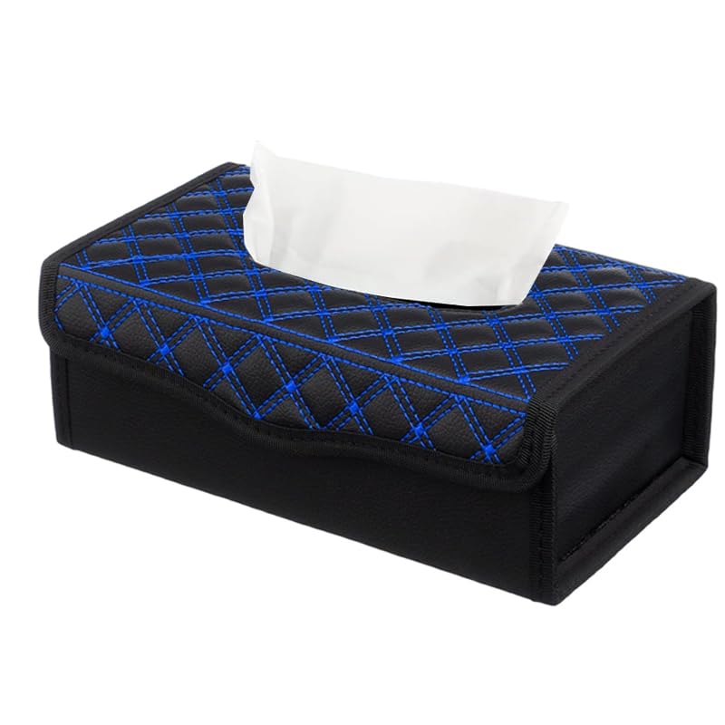 KaberMisr Tissue Box Organizer for Car, Home, Office - PU Leather (Black Line Blue, Code 8701) - 2020