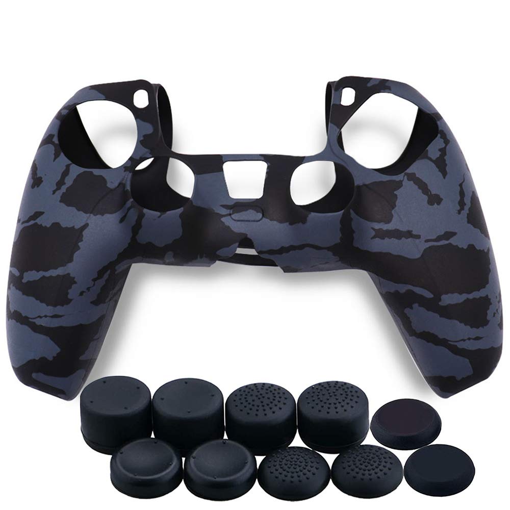 Xinlykid PS5 Controller Cover Silicone Case Skin Protective Covers with Thumb Grips Joystick (Camouflage Black Skin x 1 + Thumb Grips x 10)
