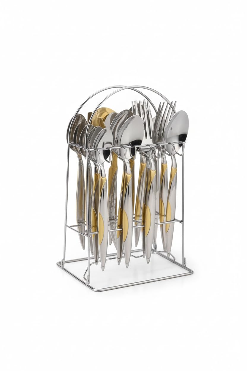 Home Care H-576 24-Piece Nickel Spoon Set with Stand Bold Dagger Design Dining, Nickel