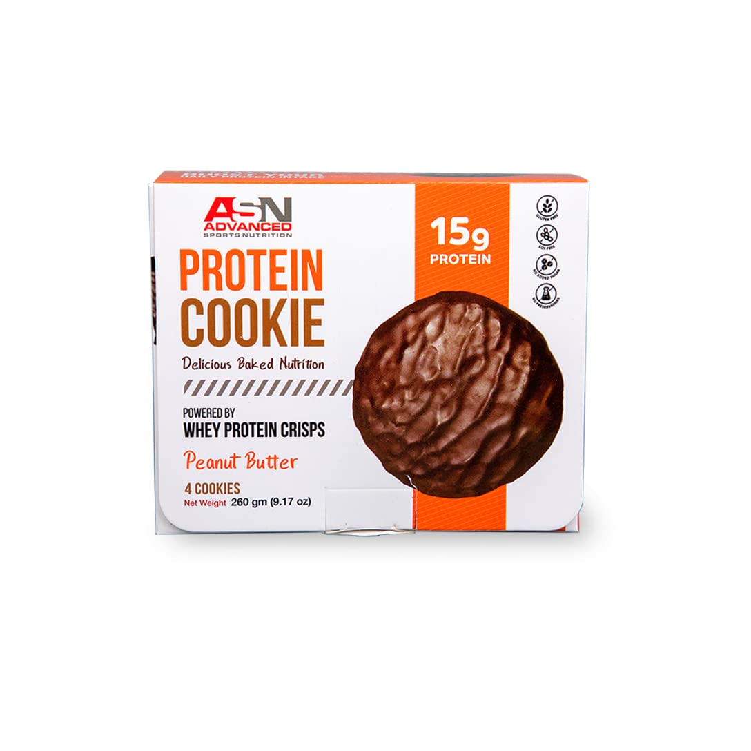 ASN Advanced sports nutrition (asn) | advanced protein cookies | 15g protein | no added sugar | gluten-free | soy-free | no preservatives | 4 cookies | dark chocolate dipped | peanut butter