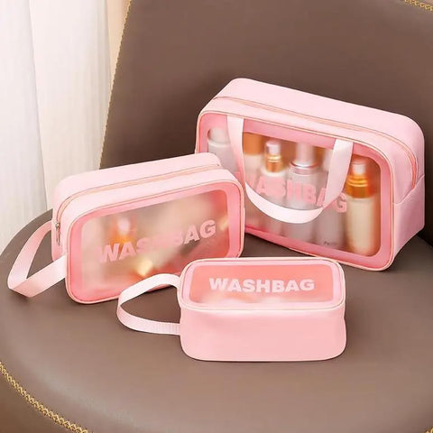 Next Store Waterproof Clear Makeup Bag Set, Practical Travel Organizers for Personal Care, Perfect for Storing Cosmetics, Toiletries, Makeup Brushes and Accessories in Style on the Go (Pink)
