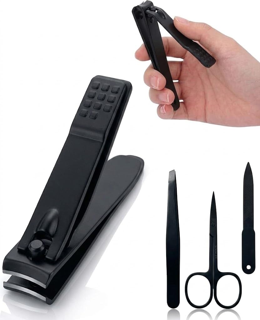 Nail Clipper Set – Black Stainless Steel Nail Cutter & Nail File Sharp & Nail Scissors & Eyebrow clip - Manicure Fingernails Nail Cutter with Leather Travel Case Pedicure Kit 4 Piece