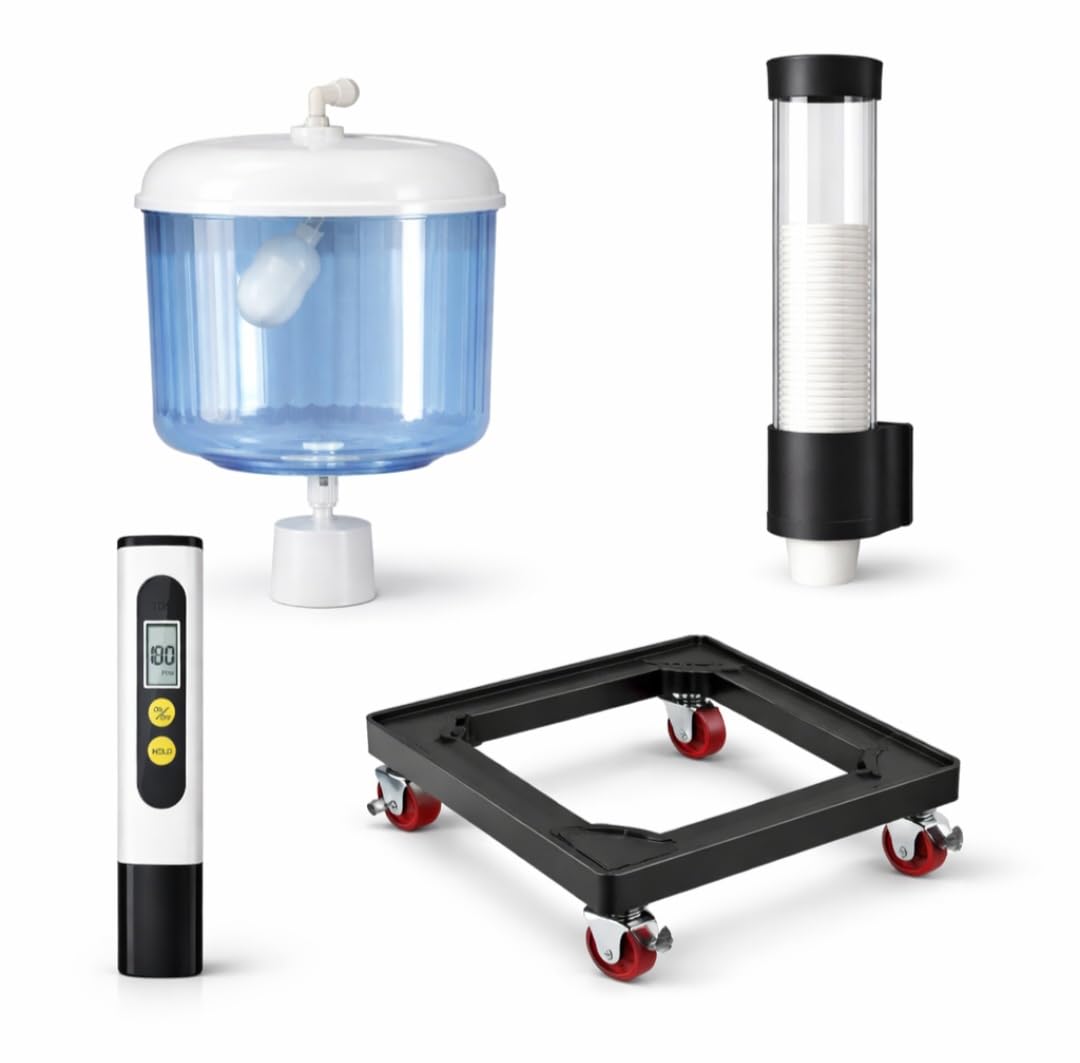 Automatic Water Bottle Direct Connect Water Filter with 15m Hose and Accessories + Aluminum Base 33x33 Wheels and Brake + Black Acrylic Cup Holder + Digital TDS Device