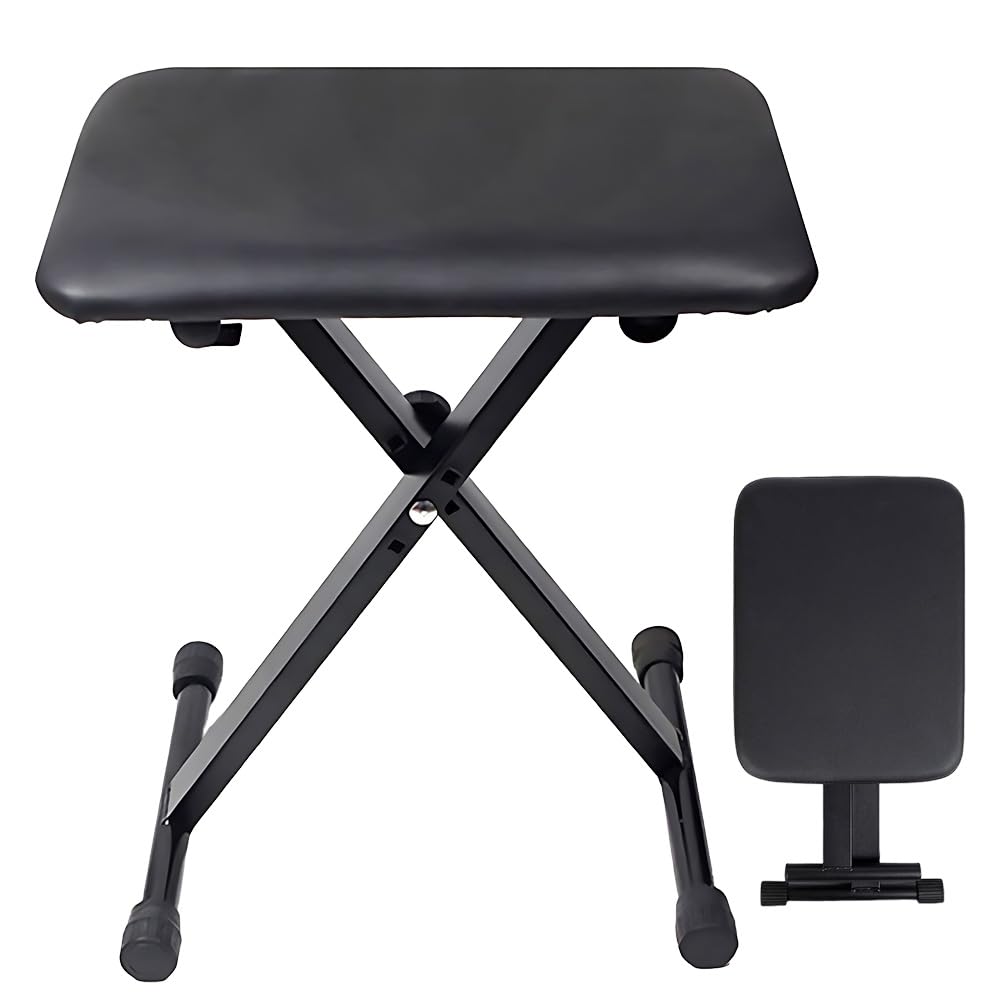Folding Piano Stool X Shape - Adjustable Metal Upholstered Folding Stool, Portable, Sturdy Keyboard Stand, High Density Foam Non-Slip Waterproof (Black)